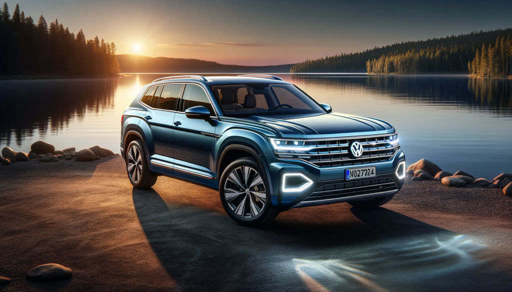 2024 Volkswagen Atlas, gleaming in metallic blue paint, parked by a serene lake at sunset