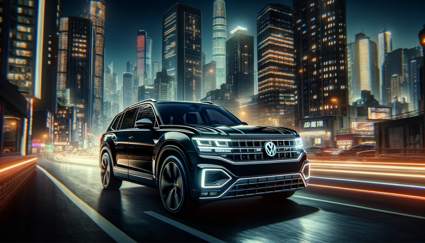 2024 Volkswagen Atlas in jet black, making its way through a vibrant cityscape at night