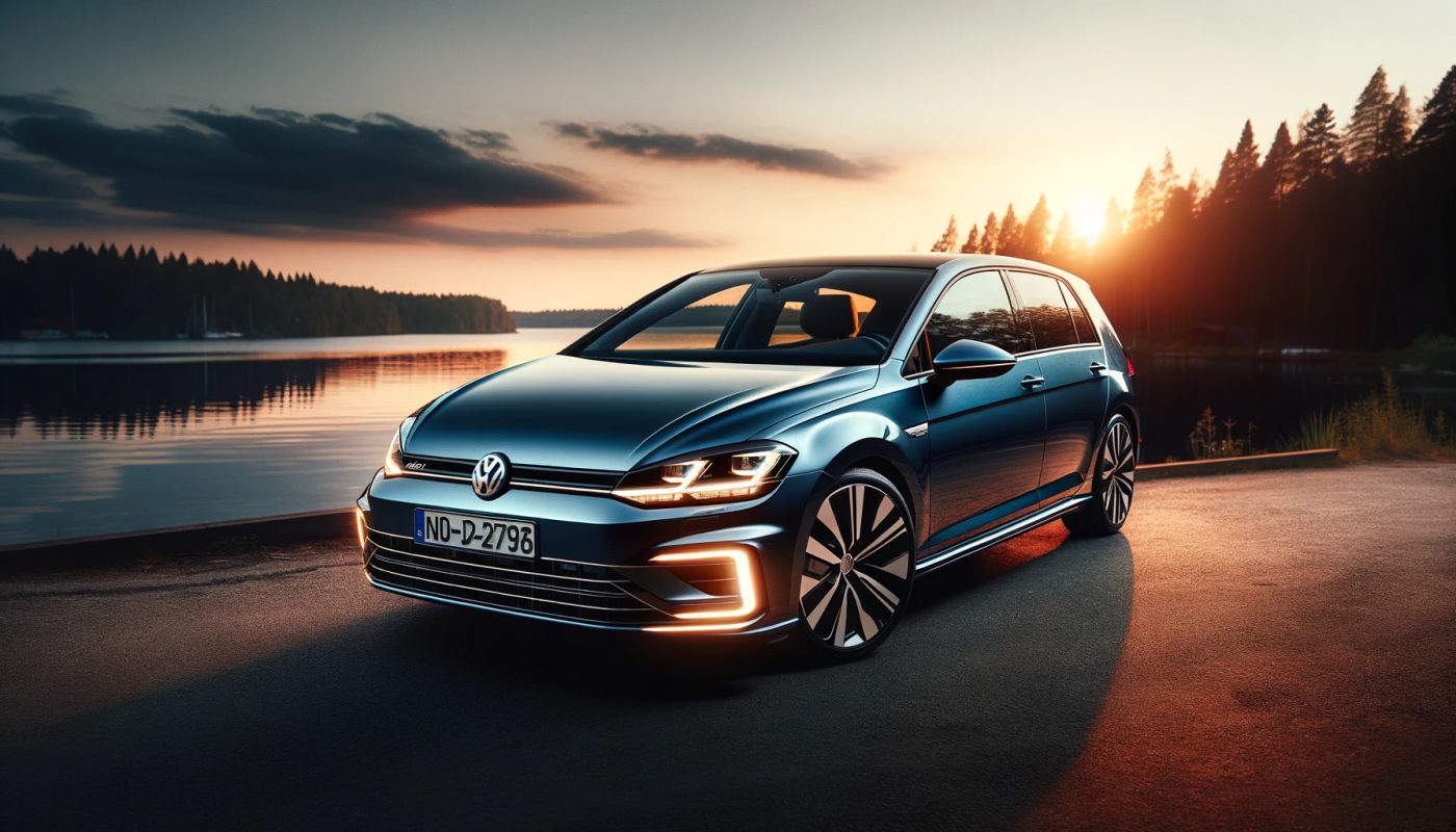 Volkswagen Golf in metallic blue, parked by a serene lake at sunset