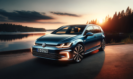Volkswagen Golf in metallic blue, parked by a serene lake at sunset