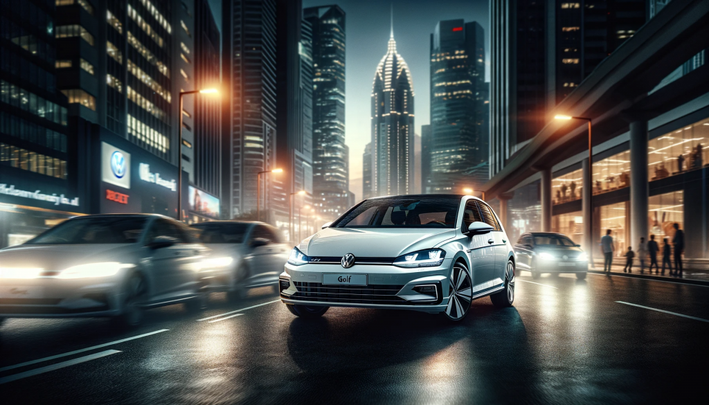 Volkswagen Golf in white, navigating through a bustling cityscape at night